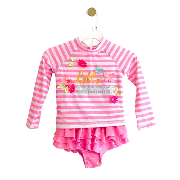 wetsuit club Other - WETSUIT CLUB “Hello Summer” Pink Striped Kids Rashguard Set w/ Flowers Girls 3T
